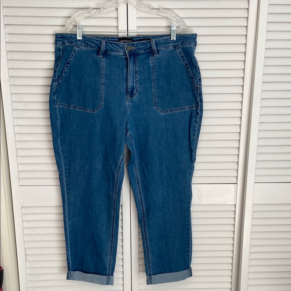 Susan Graver Petite Utility Style Ankle Jean With Cuff 18W Medium Wash